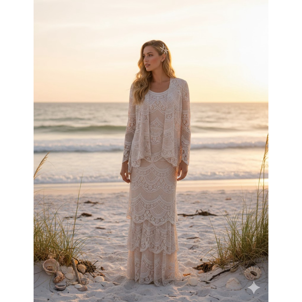 Damianou Skirt Suit 3pc S Champagne Metallic Crochet Lace